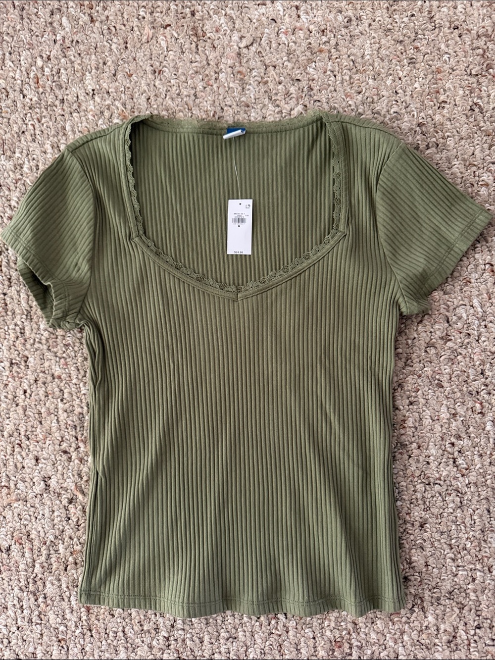 Old Navy Olive Ribbed V-Neck Lace-Trim Short Sleeve Tee